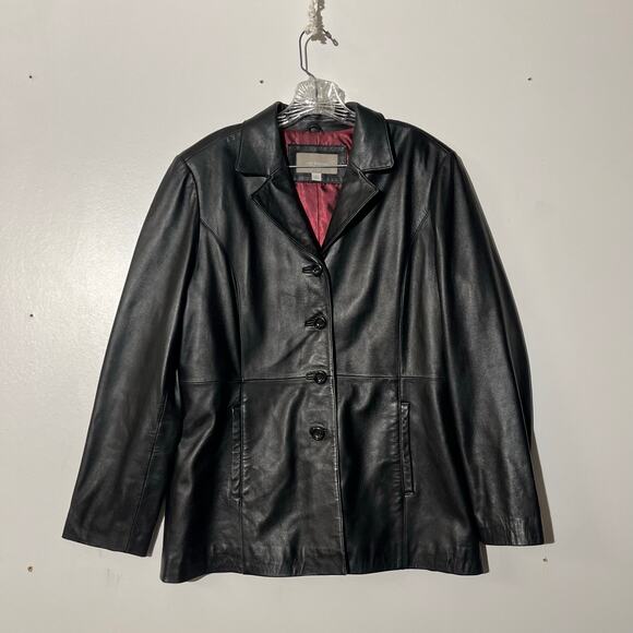 Croft And Barrow Black Lambskin Leather Button Up Coat Jacket Womens Size Large - Picture 1 of 6